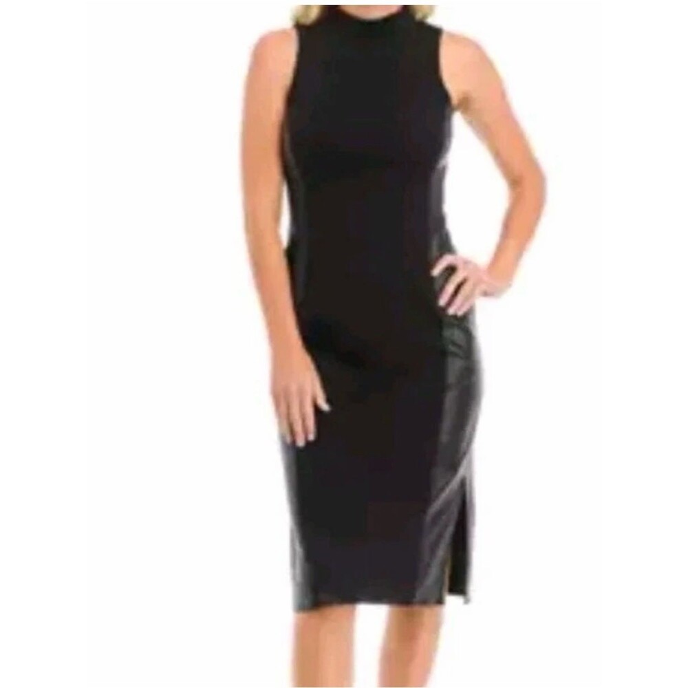 THE Limited Women's Sleeveless Mock Neck Faux Leather Panel Midi Dress